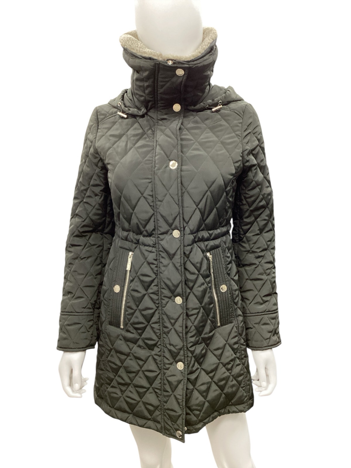 Michael Kors Coat Women’s Sz S Puffer Coat Hood Removable Faux Fur Collar Green